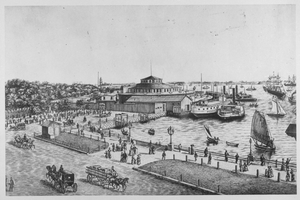 The image shows a black-and-white drawing of Castle Gardens as an Immigration Center in Ellis Island, NY, between 1855-1892.